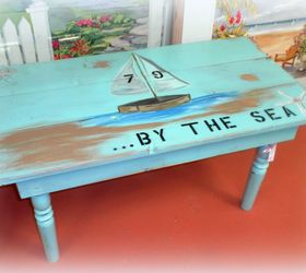 decorating your beach home with upcycled finds, home decor, repurposing upcycling, shabby chic, I built this coffee table from pine boards and old table legs I had on hand I gave it a beachy look with some decorative painting