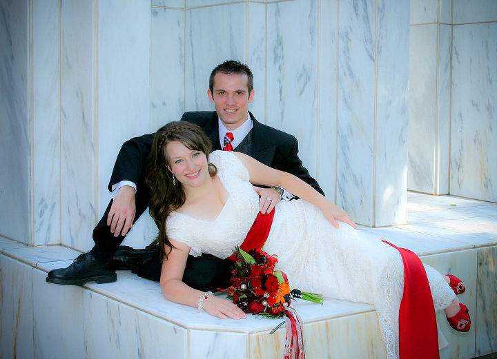 a scarlet wedding bouquet with beloved sparkles by sk sartell, flowers, gardening, What a pretty couple I love the red in her sash and shoes
