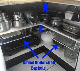 create easy access to the kitchen corner cabinets, With added under shelf baskets I gained even more space and as you can see it is being utilized 100