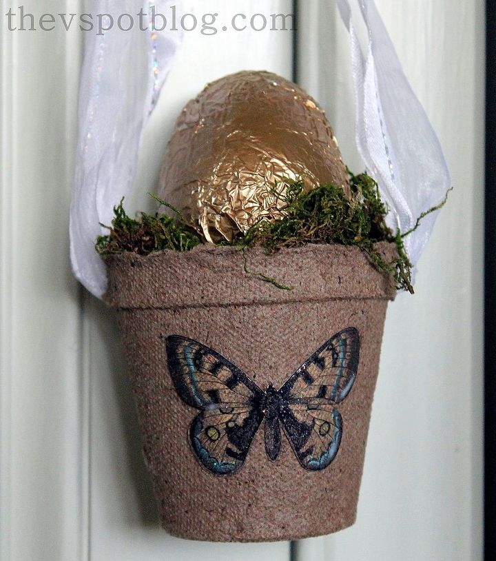gold foil eggs in a peat pot basket, crafts, easter decorations, seasonal holiday decor