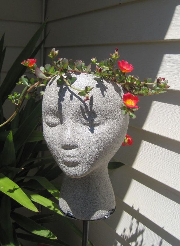 garden head planter, crafts, gardening, Meet Miss April Rose She s a Garden head planter created from a foam head