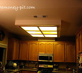 updating a fluorescent box light with led lighting and decorative molding, home decor, kitchen design, lighting, Before A four lamp fluorescent box fixture dominates the ceiling of the kitchen