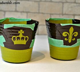 add glamour to your flower pots, crafts, flowers, gardening, To create the gold dipped look only cover half of the with tape and stencil