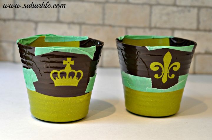add glamour to your flower pots, crafts, flowers, gardening, To create the gold dipped look only cover half of the with tape and stencil