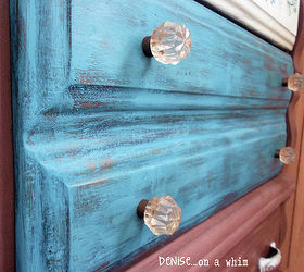 dresser entertainment center makeover, painted furniture, A coat of Peacock with the original stain peeking through and pretty new but old looking glass knobs