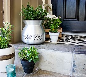 my front porch makeover, doors, home decor, porches, Freshly potted flowers and our address stenciled on the pot add so much to the steps