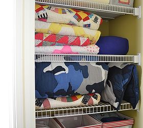 spring cleaning embellished baskets for the linen closet, cleaning tips, closet, crafts, shelving ideas, The baskets are the perfect size for the linen closet shelves They hold sheet sets and small bedding pieces