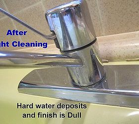 removing kitchen sink stains preventing them from coming back, After Light Cleaning Faucet has hard water deposits on and around it as well as peeking out from under the cover