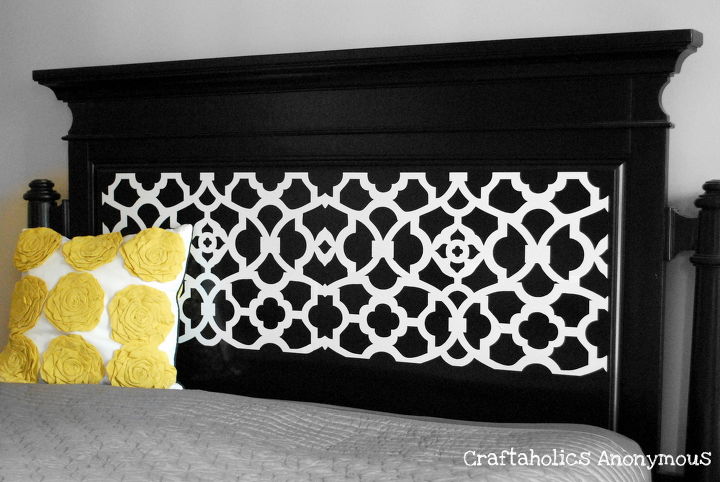 diy wednesday create sparks in the bedroom with a headboard makeover, bedroom ideas, painted furniture, Stenciled Headboard Makeover After Pic courtesy of craftaholicsanonymous net