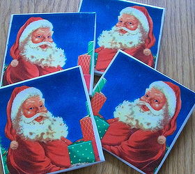 upcycle thrifted tiles coasters, crafts, decoupage, Santa Coasters from thrifted tiles store napkins cork protectors plus some white school glue Easy cheap decoupage project