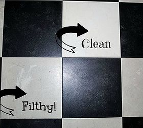 how to easily clean grimy vinyl floors, cleaning tips, flooring, tile flooring, You can see a big difference in this photo between the vinyl tile that I cleaned and the dirty ones