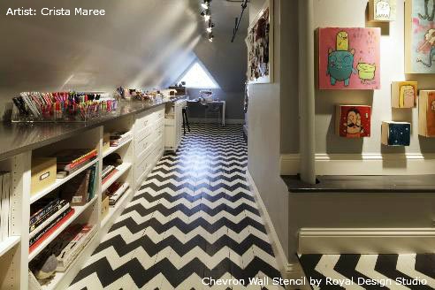 painting chevron and herringbone patterns the easy way with stencils, painted furniture, Stenciled chevron floor in a craft room