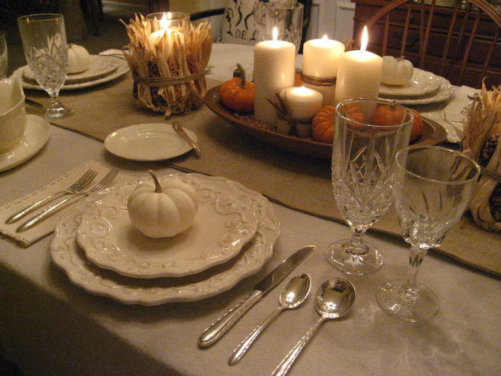 thanksgiving tablescape in cream with natural elements, home decor, seasonal holiday decor, thanksgiving decorations, My grandmother s dough bowl filled with candles and pumpkins stars as the centerpiece
