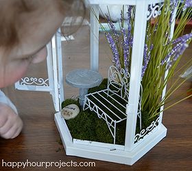 lantern turned fairy garden, crafts, gardening, repurposing upcycling, I added preserved moss and fake grasses and my daughter added miniatures She LOVES it