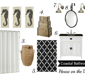 black white coastal bathroom inspiration board, bathroom ideas, home decor, Black and white bathroom inspiration board consisting of a great white vanity with black countertop black and white rug white shower curtain wood nesting trunks wicker hamper coastal inspired mirror and sconces and seahorse plaque