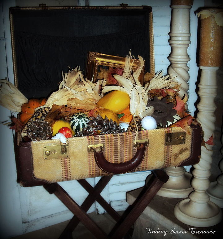 fall in a vintage suitcase, repurposing upcycling, seasonal holiday decor