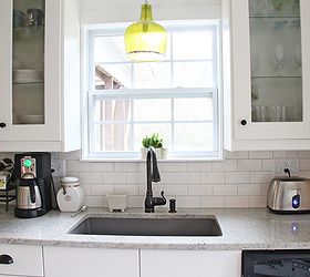 my cottagey ikea kitchen, home decor, kitchen design, kitchen island, shelving ideas, A coffee station to the left of the sink is used every morning The sink is a Blanco granite sink in Metallic Gray and the cute green light fixture is from Ballard Designs