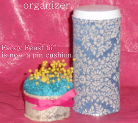 free fabric transforms goofy basket cans and pot holders, crafts, reupholster, Pin cushion and storage tin made from recycled cans