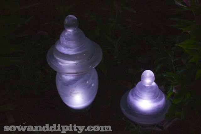 recycled glass glowing diy garden lights, lighting, outdoor living, repurposing upcycling, Attempt 3 glow paint but it didn t glow Not without a lot of help