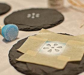 stencilled slate coasters, chalkboard paint, crafts, Mask off your stencil pattern paint remove stencil and let dry