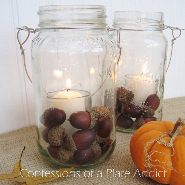 practically free mason jar candles for every season, home decor, mason jars, repurposing upcycling, Fall acorns add a seasonal touch