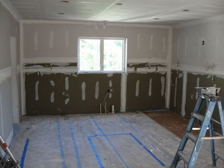 kitchen remodel to older home, home improvement, kitchen design, Drywall and green board installed for wet and dry areas