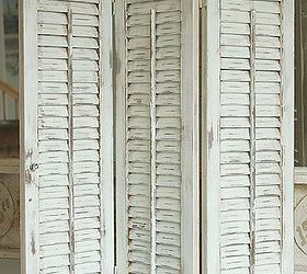 how to paint old shutters and use for decor, Estate Sale treasures I found several sets of plain wood shutters Gave them a new look with a blend of CeCe Caldwells Nantucket Spray and Vintage White