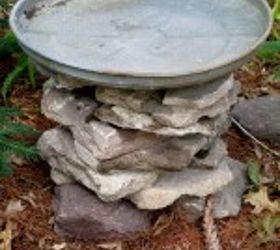 stacked stone bird baths, outdoor living, repurposing upcycling, When the stacked stone is the height desired add the galvanized lid One down and two more to go