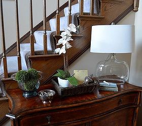 small changes in the entryway, foyer, home decor, Adding a seeded glass lamp changed the look of this tabletop giving it a more contemporary and fresh look