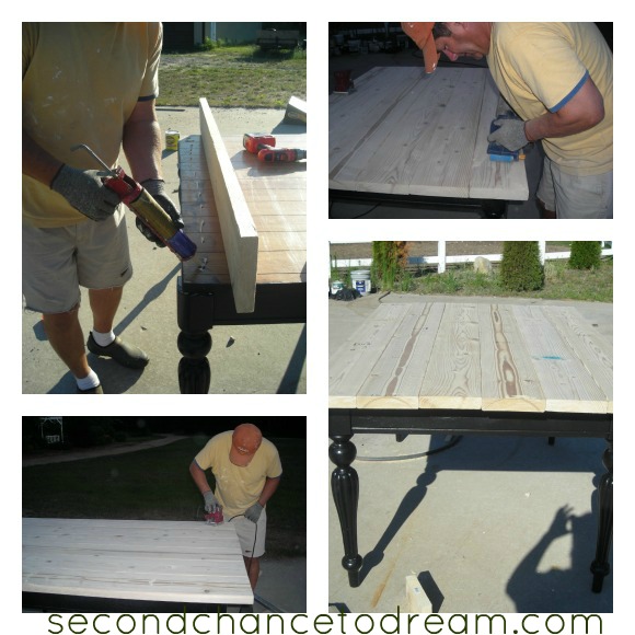 diy farm table redo for 40 00, diy, how to, woodworking projects, Here my husband ismeasuring and sanding the table