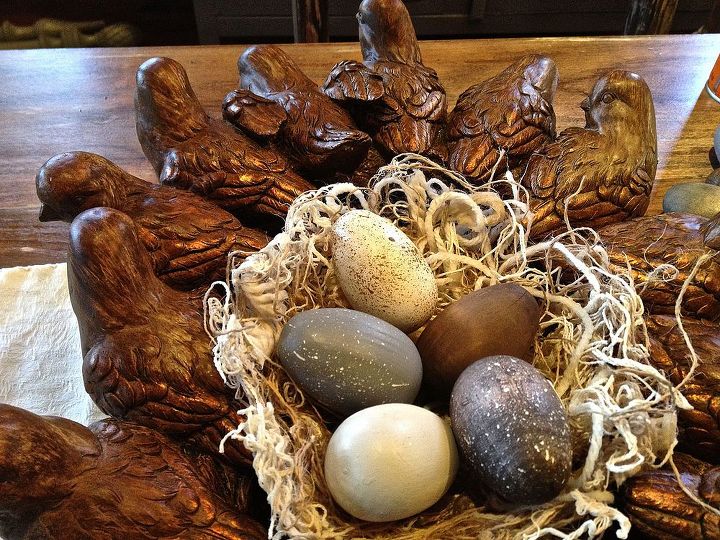 those easter eggs where not laid by any hen i know, easter decorations, seasonal holiday d cor, Wood eggs in yarn and string nest