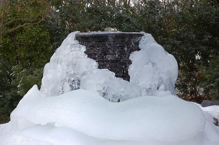magical winter waterfalls with trd designs ltd, outdoor living, ponds water features, Large Slate Stacked Urn is now completely iced over