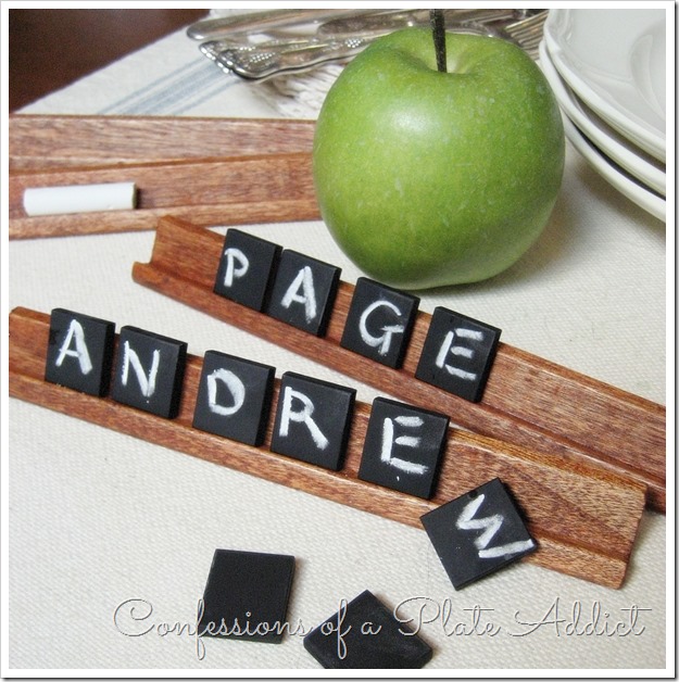 easy and inexpensive handmade gift ideas, seasonal holiday d cor, Super easy and fun chalkboard tile place cards from an old Scrabble game Instructions here