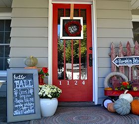 front porch decor perfect for fall, porches, seasonal holiday decor, A very fall porch with my favorite things pumpkins chalkboards mums and a red wagon