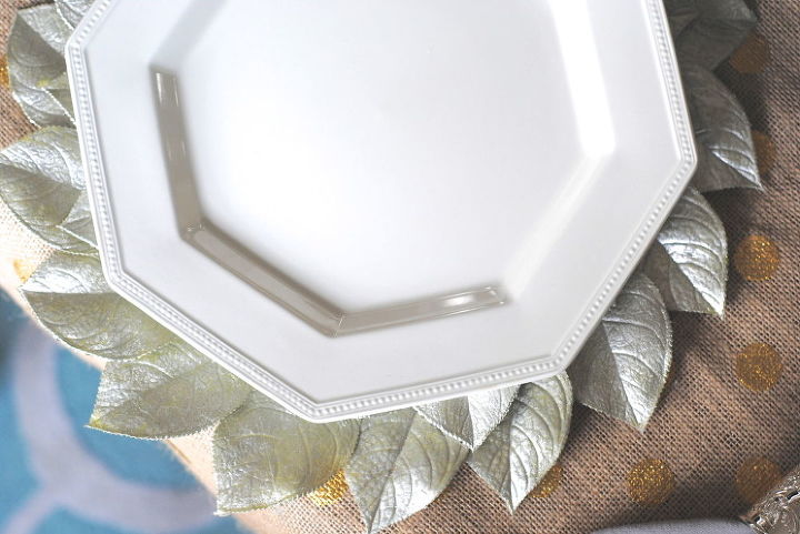 modern thanksgiving tablescape, home decor, seasonal holiday decor, thanksgiving decorations, I have a tutorial on how to make these silver magnolia leaf plate chargers It s very easy And it s actually double layered but this plate is big and covers up the first layer