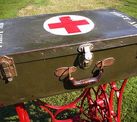 repurposed wwii military first aid storage suitcase table w sewing machine base, repurposing upcycling