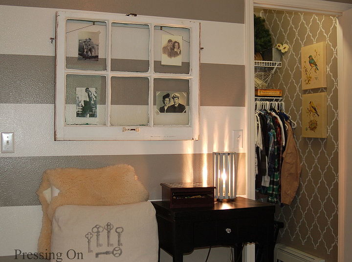 striped guest room office with farmhouse and rustic decor, craft rooms, home decor, home office, My sewing area and closet space The old window holds photos of all 4 sets of great grandparents