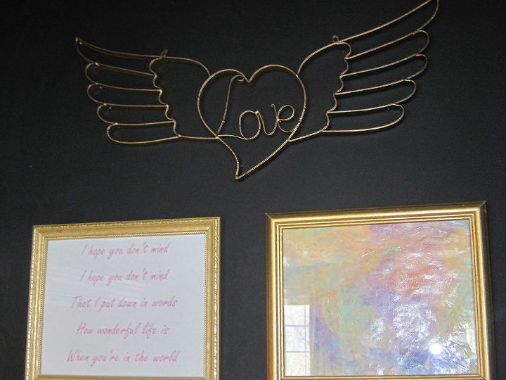 black chalkboard gallery wall, home decor, paint colors, wall decor, On top I hung some metal art from Hobby Lobby I also framed one of my 6 year old s paintings and some song lyrics