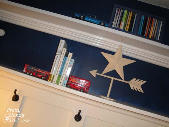 closet turned reading nook and toy storage, bedroom ideas, closet, lighting, shelving ideas, storage ideas, woodworking projects, Two upper shelves that are narrow in depth were added for books and display