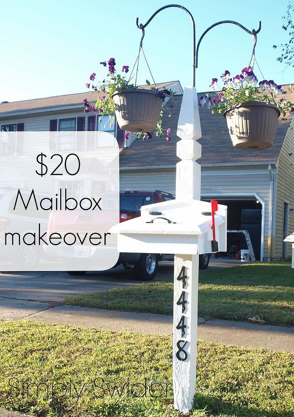 quick and cheap mailbox makeover, curb appeal, painting, After Pretty white colonial mailbox with wrought iron numbers and hanging flower baskets