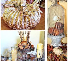 fall vignette decorating in glass vases and decorating the buffet, seasonal holiday d cor, Dryer Hose pumpkin and cloche filled with pumpkins with a small pumpkin floral arrangement