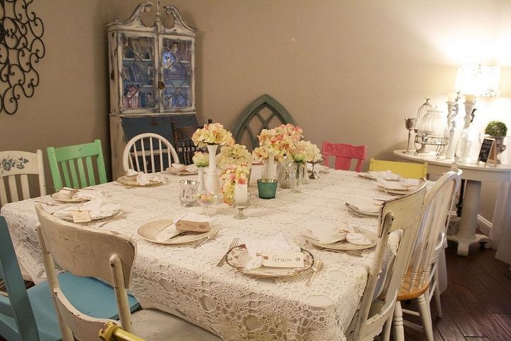 ideas for shabby chic wedding shower, home decor, shabby chic, A collection of mixed matched chairs antique lace tablecloth mixed china and handmade place cards along with flowers matching the bridal bouquet created this intimate and cozy setting