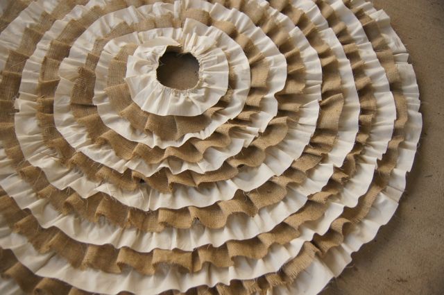 recycled burlap and muslin ruffle tree skirt, crafts
