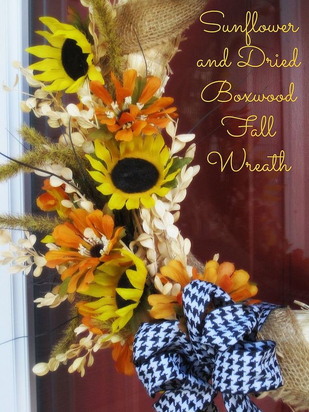 sunflower dried boxwood fall wreath, crafts, seasonal holiday decor, wreaths, Sunflowers with black white houndstooth bow The perfect early Fall combination