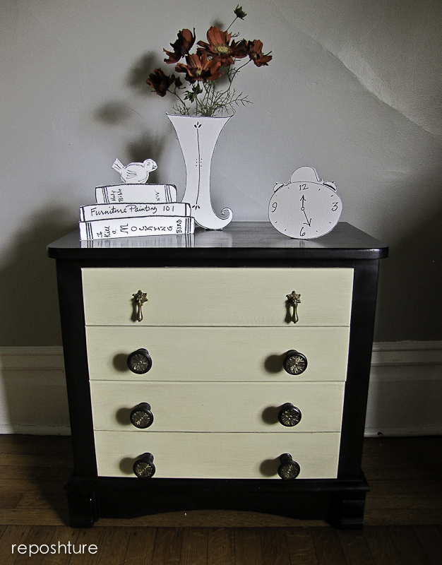 black and linen nightstand, painted furniture, after