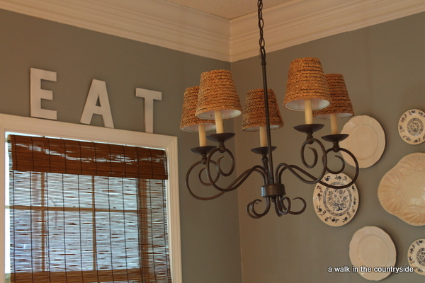 updated breakfast area, home decor, kitchen design, painting, DIY sea grass chandelier shades