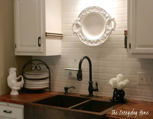 new white kitchen before and after, home decor, kitchen backsplash, kitchen cabinets, kitchen design, After white painted faux brick backsplash