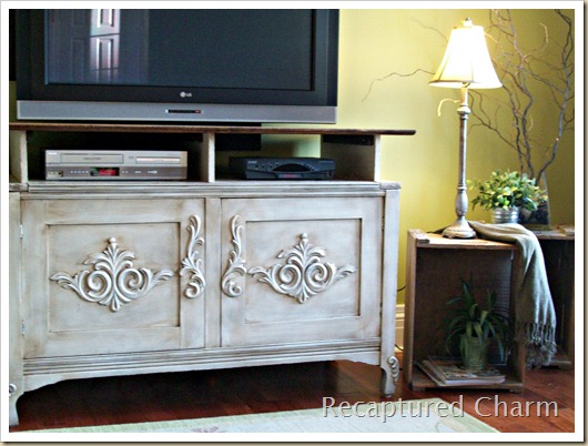 old chest repurposed to an entertainment unit, painted furniture, Old solid wood chest found at the curb had the front doors nailed shut and a removable top Now it sits proudly as a beautiful entertainment unit