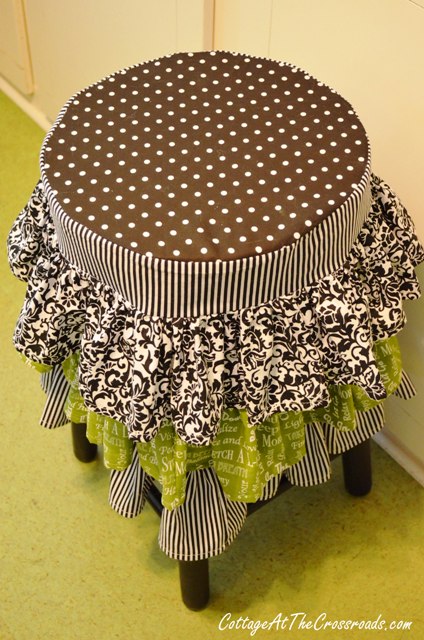 ruffled stool cover, crafts, home decor, kitchen design, painted furniture, Padding was added to the top for more comfort