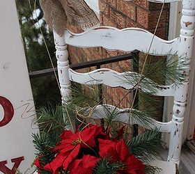 chair for charity creation, christmas decorations, repurposing upcycling, seasonal holiday decor, We wrapped the base of the chair in a burlap skirt and added some tacs and Vickie painted a little Welcome sign on it to add to the charm of the front door fru fruification FAB
